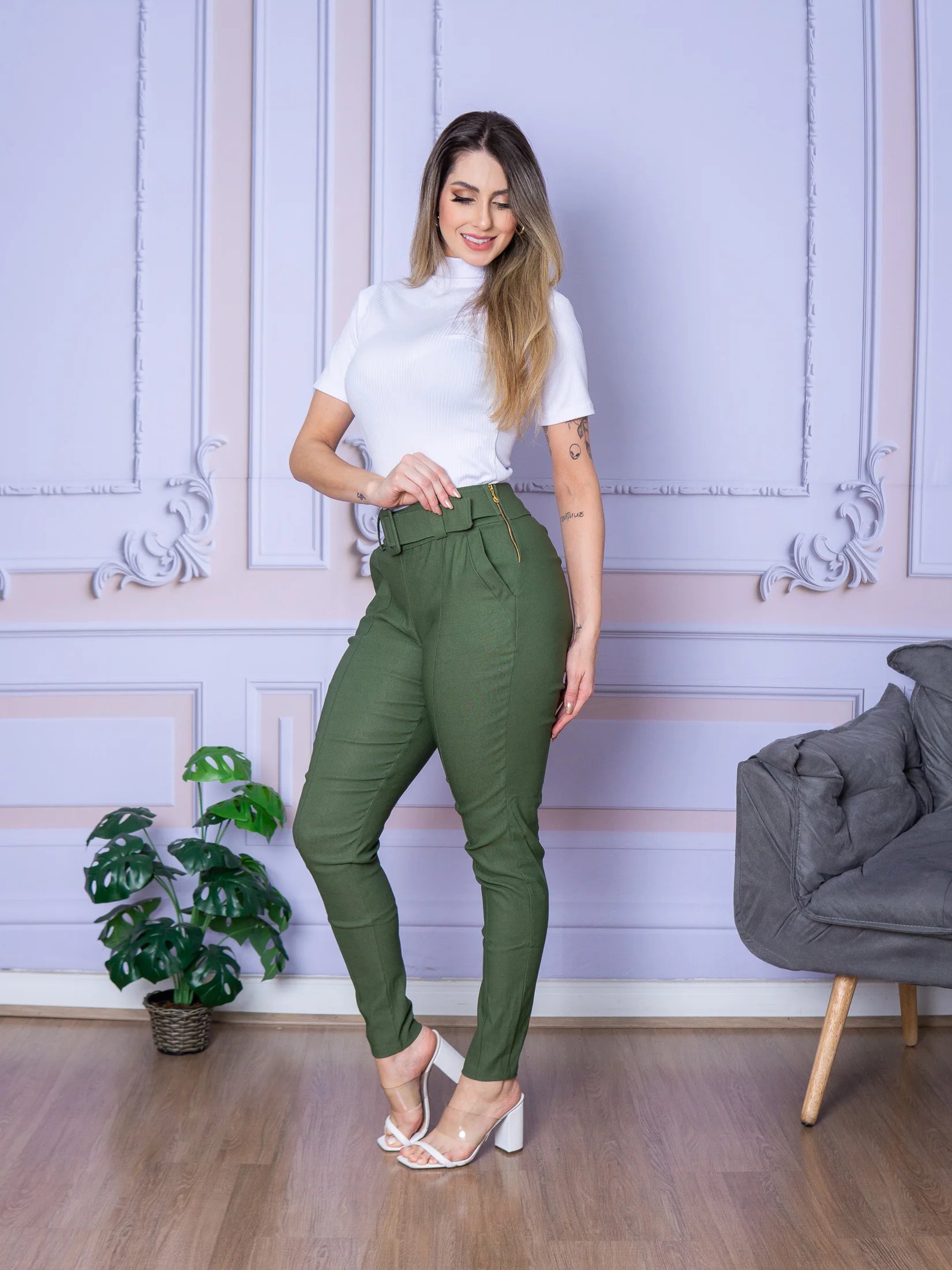 Women's Work Pants with Belt and Pocket