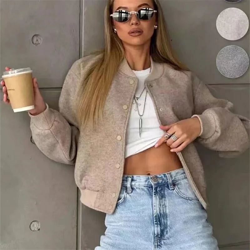 MUJER 2025 Women Jacket Cropped Bomber Jackets For Women Beige Black Tweed Jacket Woman Fashion Long Sleeve New In Short Coats