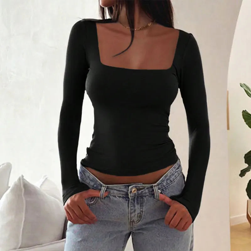 Autumn New T-shirt Women Sexy Low Chest Solid Elegant T-shirt Streetwear Fashion Long Sleeves Casual Slim Versatile Female Tees