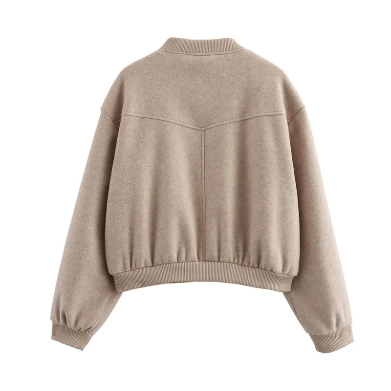 MUJER 2025 Women Jacket Cropped Bomber Jackets For Women Beige Black Tweed Jacket Woman Fashion Long Sleeve New In Short Coats