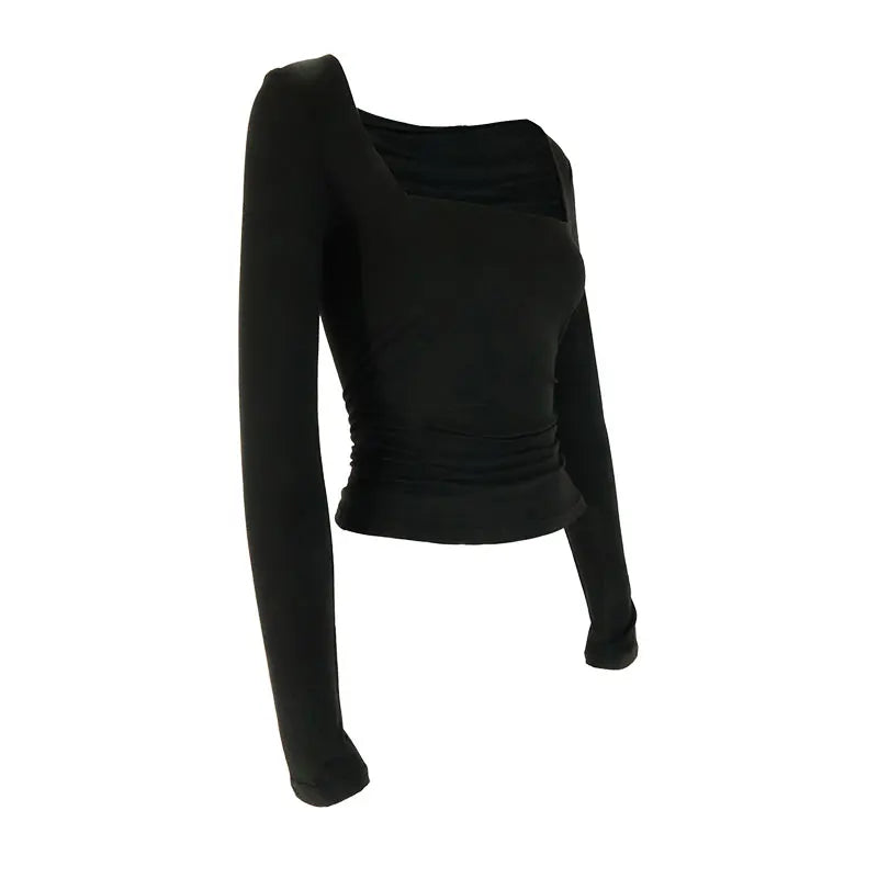 Autumn New T-shirt Women Sexy Low Chest Solid Elegant T-shirt Streetwear Fashion Long Sleeves Casual Slim Versatile Female Tees