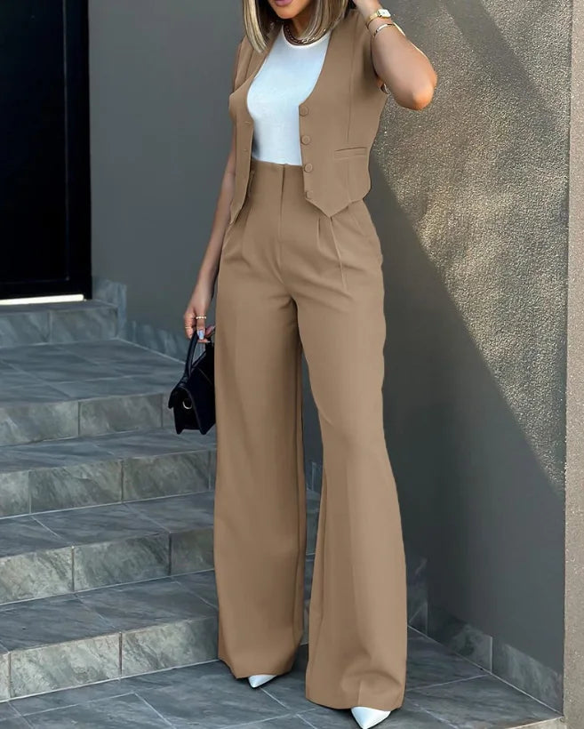 Women Elegant Work Trousers Sets Two-Piece Outfits Temperament Commuting Buttoned Vest Top & Wide Leg Pants Set for Women's Wear