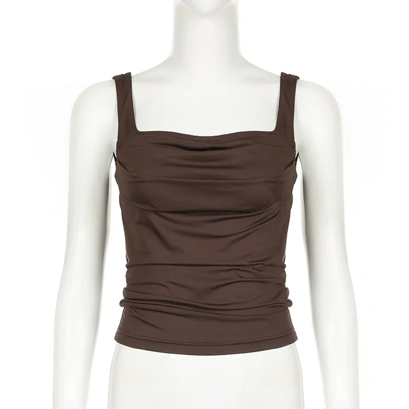 New Women Tank Tops Summer Solid Sexy Backless Streetwear Casual Slim Sleeveless Camisole Fashion Folds Tank Tops Lady Clothing