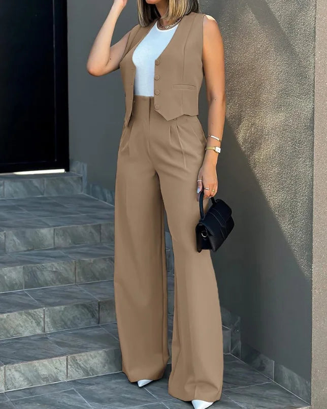 Women Elegant Work Trousers Sets Two-Piece Outfits Temperament Commuting Buttoned Vest Top & Wide Leg Pants Set for Women's Wear