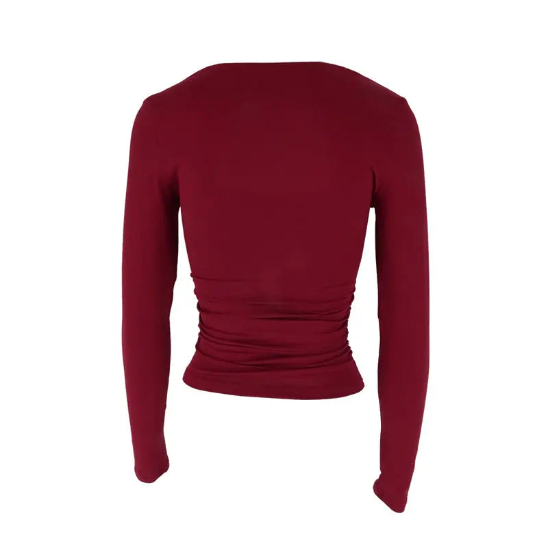 Autumn New T-shirt Women Sexy Low Chest Solid Elegant T-shirt Streetwear Fashion Long Sleeves Casual Slim Versatile Female Tees