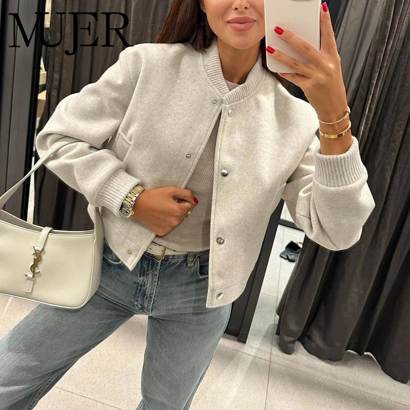 MUJER 2025 Women Jacket Cropped Bomber Jackets For Women Beige Black Tweed Jacket Woman Fashion Long Sleeve New In Short Coats