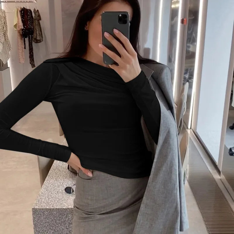 Long Sleeve Top White T-Shirts Women Basic Crop Top Autumn Pollover Solid Skew Neck T Shirt Streetwear Basic Black Y2K Tees