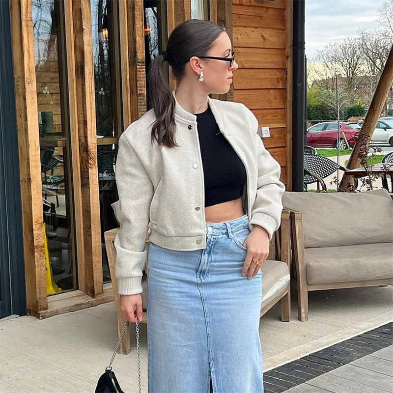 MUJER 2025 Women Jacket Cropped Bomber Jackets For Women Beige Black Tweed Jacket Woman Fashion Long Sleeve New In Short Coats