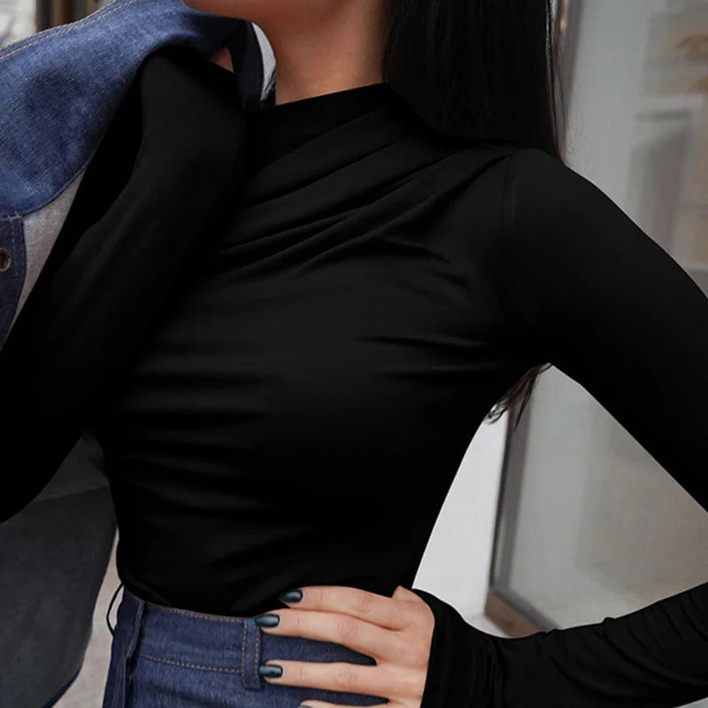 Long Sleeve Top White T-Shirts Women Basic Crop Top Autumn Pollover Solid Skew Neck T Shirt Streetwear Basic Black Y2K Tees