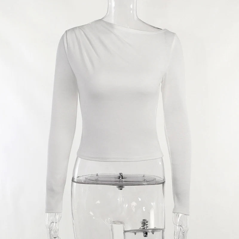 Long Sleeve Top White T-Shirts Women Basic Crop Top Autumn Pollover Solid Skew Neck T Shirt Streetwear Basic Black Y2K Tees