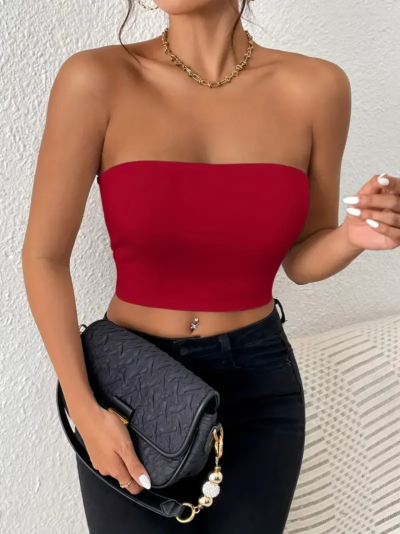 Sexy Bodycon Crop Tube Top, Solid Stretchy Tube Top, Casual Every Day Tops, Women's Clothing