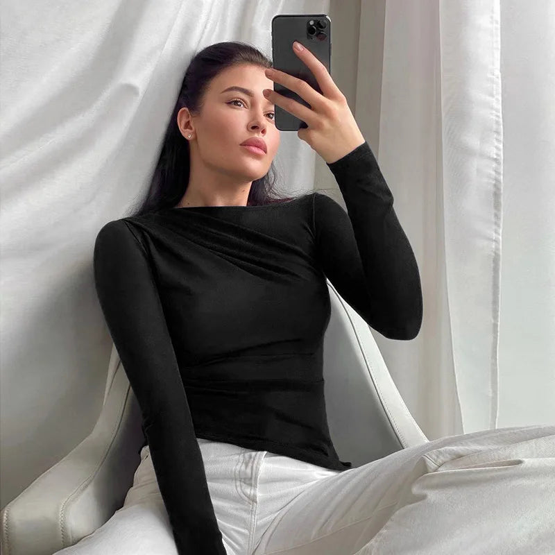 Long Sleeve Top White T-Shirts Women Basic Crop Top Autumn Pollover Solid Skew Neck T Shirt Streetwear Basic Black Y2K Tees