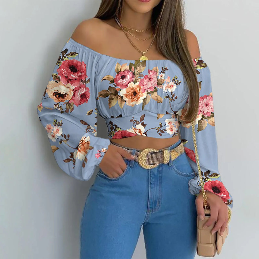 Women Sexy Off Shoulder Blouse Chic and Elegant Printing Lantern Long Sleeve Lace Up Bow Cropped Tops Casual Slim Shirts 2024