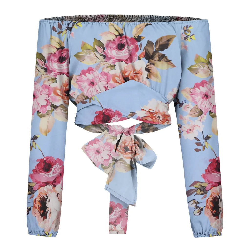 Women Sexy Off Shoulder Blouse Chic and Elegant Printing Lantern Long Sleeve Lace Up Bow Cropped Tops Casual Slim Shirts 2024