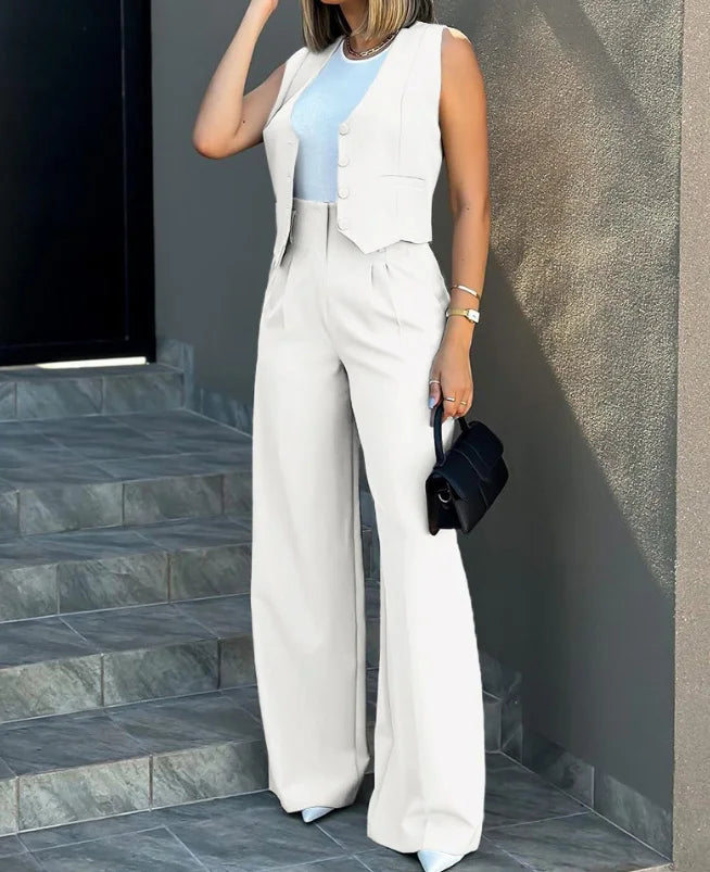 Women Elegant Work Trousers Sets Two-Piece Outfits Temperament Commuting Buttoned Vest Top & Wide Leg Pants Set for Women's Wear