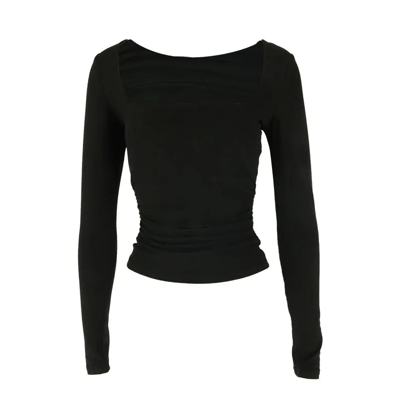 Autumn New T-shirt Women Sexy Low Chest Solid Elegant T-shirt Streetwear Fashion Long Sleeves Casual Slim Versatile Female Tees