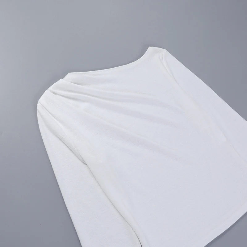 Long Sleeve Top White T-Shirts Women Basic Crop Top Autumn Pollover Solid Skew Neck T Shirt Streetwear Basic Black Y2K Tees