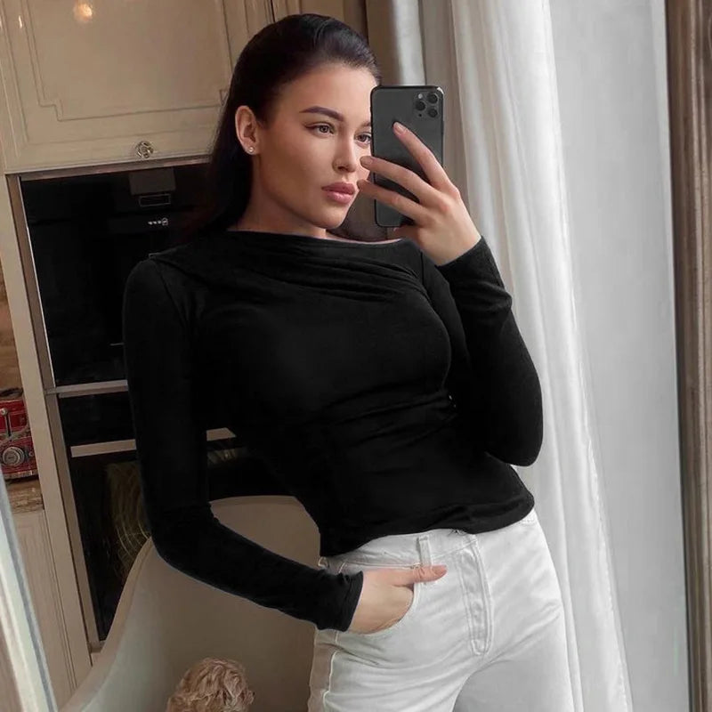 Long Sleeve Top White T-Shirts Women Basic Crop Top Autumn Pollover Solid Skew Neck T Shirt Streetwear Basic Black Y2K Tees