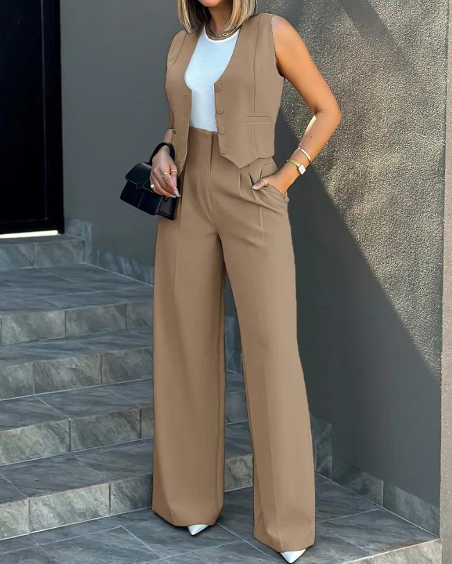 Women Elegant Work Trousers Sets Two-Piece Outfits Temperament Commuting Buttoned Vest Top & Wide Leg Pants Set for Women's Wear