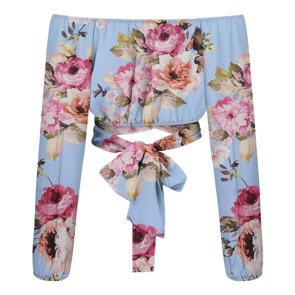 Women Sexy Off Shoulder Blouse Chic and Elegant Printing Lantern Long Sleeve Lace Up Bow Cropped Tops Casual Slim Shirts 2024