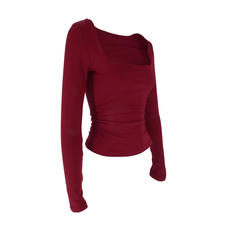 Autumn New T-shirt Women Sexy Low Chest Solid Elegant T-shirt Streetwear Fashion Long Sleeves Casual Slim Versatile Female Tees