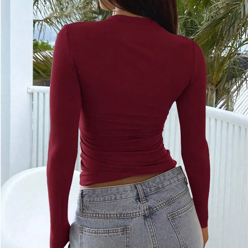 Autumn New T-shirt Women Sexy Low Chest Solid Elegant T-shirt Streetwear Fashion Long Sleeves Casual Slim Versatile Female Tees