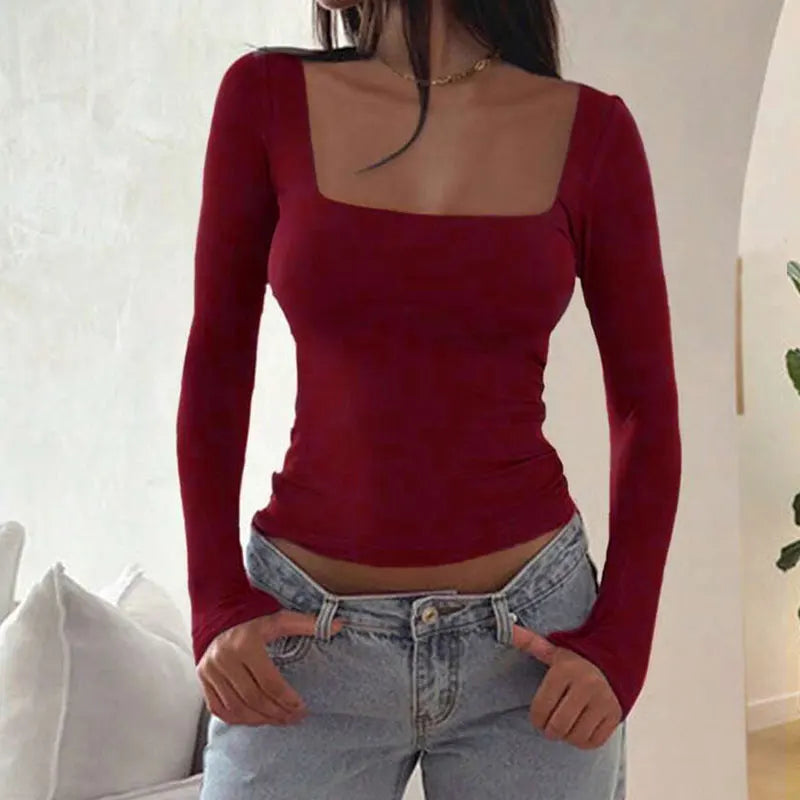 Autumn New T-shirt Women Sexy Low Chest Solid Elegant T-shirt Streetwear Fashion Long Sleeves Casual Slim Versatile Female Tees