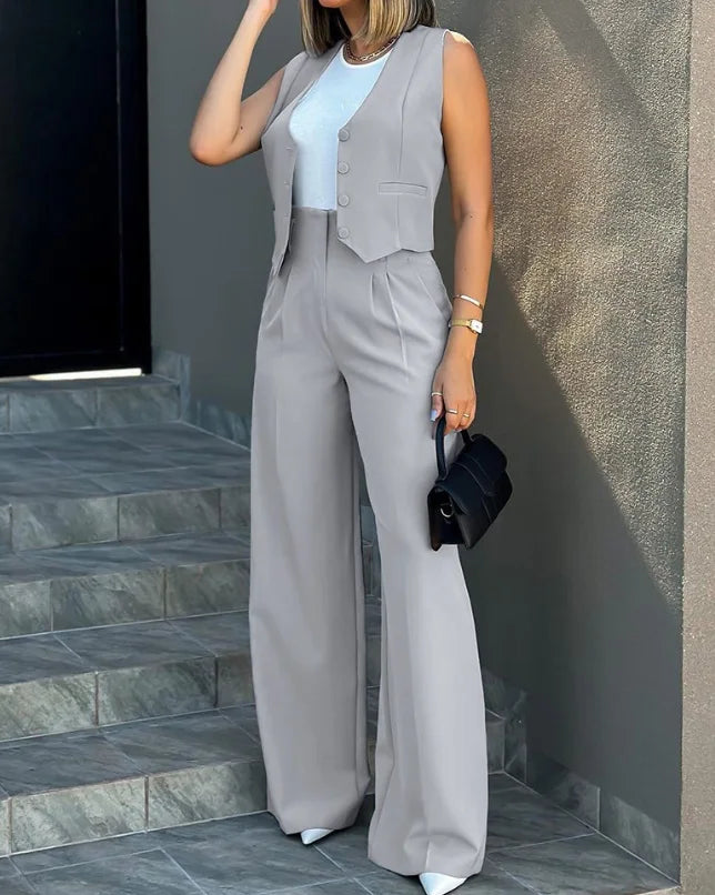 Women Elegant Work Trousers Sets Two-Piece Outfits Temperament Commuting Buttoned Vest Top & Wide Leg Pants Set for Women's Wear