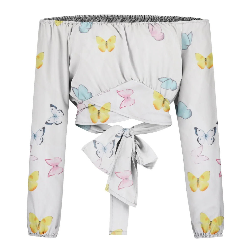 Women Sexy Off Shoulder Blouse Chic and Elegant Printing Lantern Long Sleeve Lace Up Bow Cropped Tops Casual Slim Shirts 2024