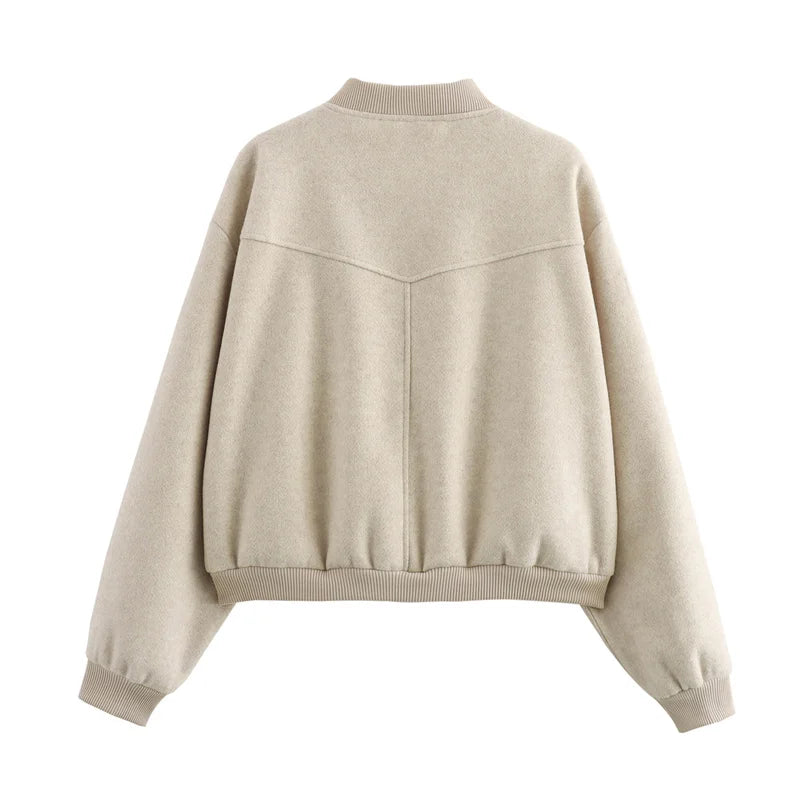 MUJER 2025 Women Jacket Cropped Bomber Jackets For Women Beige Black Tweed Jacket Woman Fashion Long Sleeve New In Short Coats