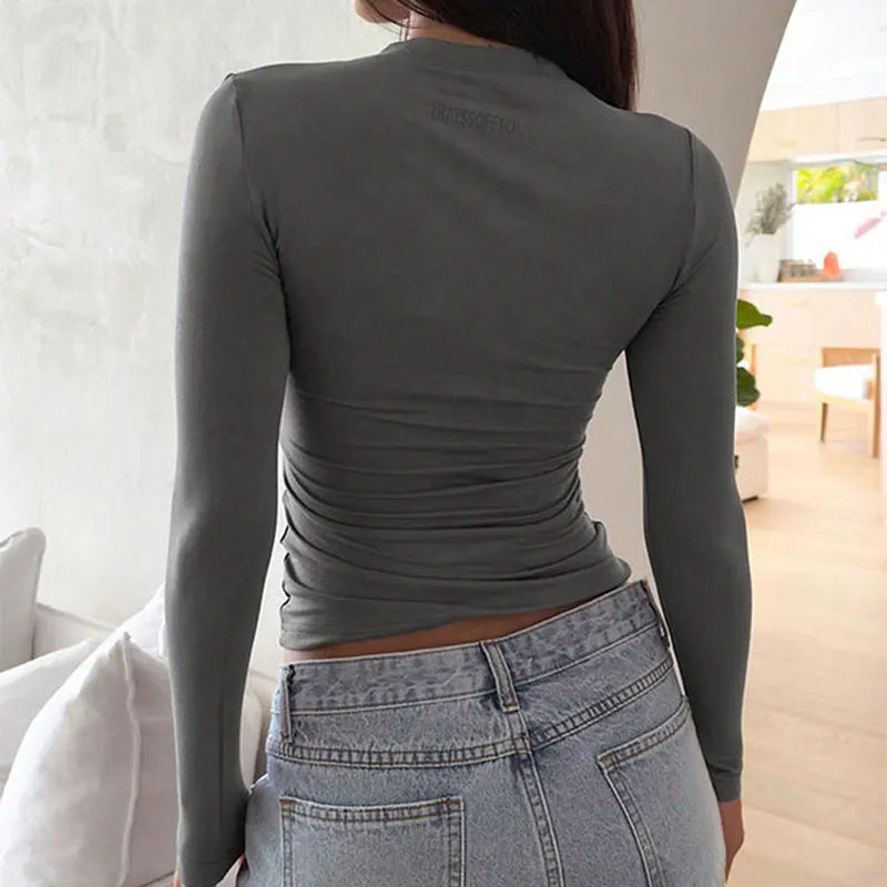 Autumn New T-shirt Women Sexy Low Chest Solid Elegant T-shirt Streetwear Fashion Long Sleeves Casual Slim Versatile Female Tees