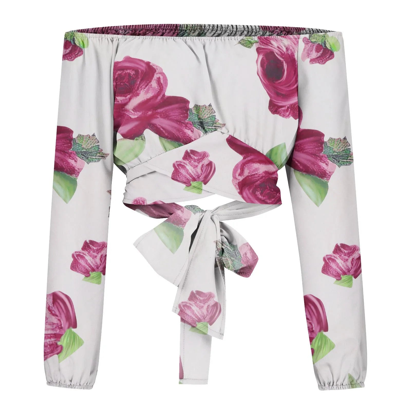 Women Sexy Off Shoulder Blouse Chic and Elegant Printing Lantern Long Sleeve Lace Up Bow Cropped Tops Casual Slim Shirts 2024