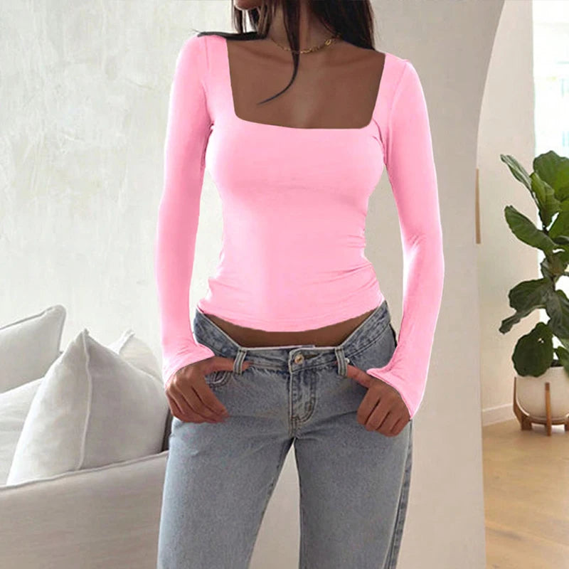 Autumn New T-shirt Women Sexy Low Chest Solid Elegant T-shirt Streetwear Fashion Long Sleeves Casual Slim Versatile Female Tees