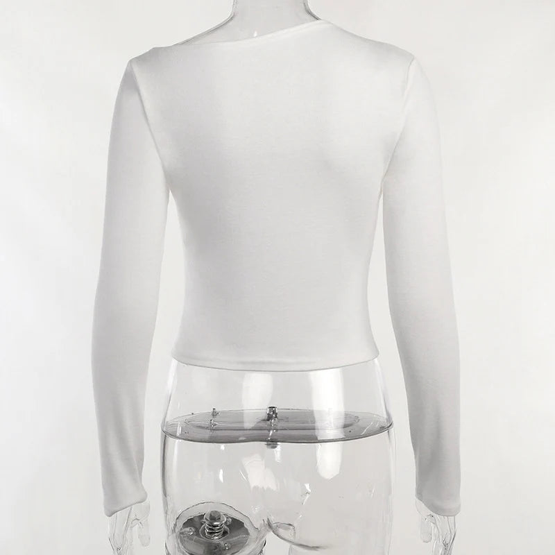 Long Sleeve Top White T-Shirts Women Basic Crop Top Autumn Pollover Solid Skew Neck T Shirt Streetwear Basic Black Y2K Tees